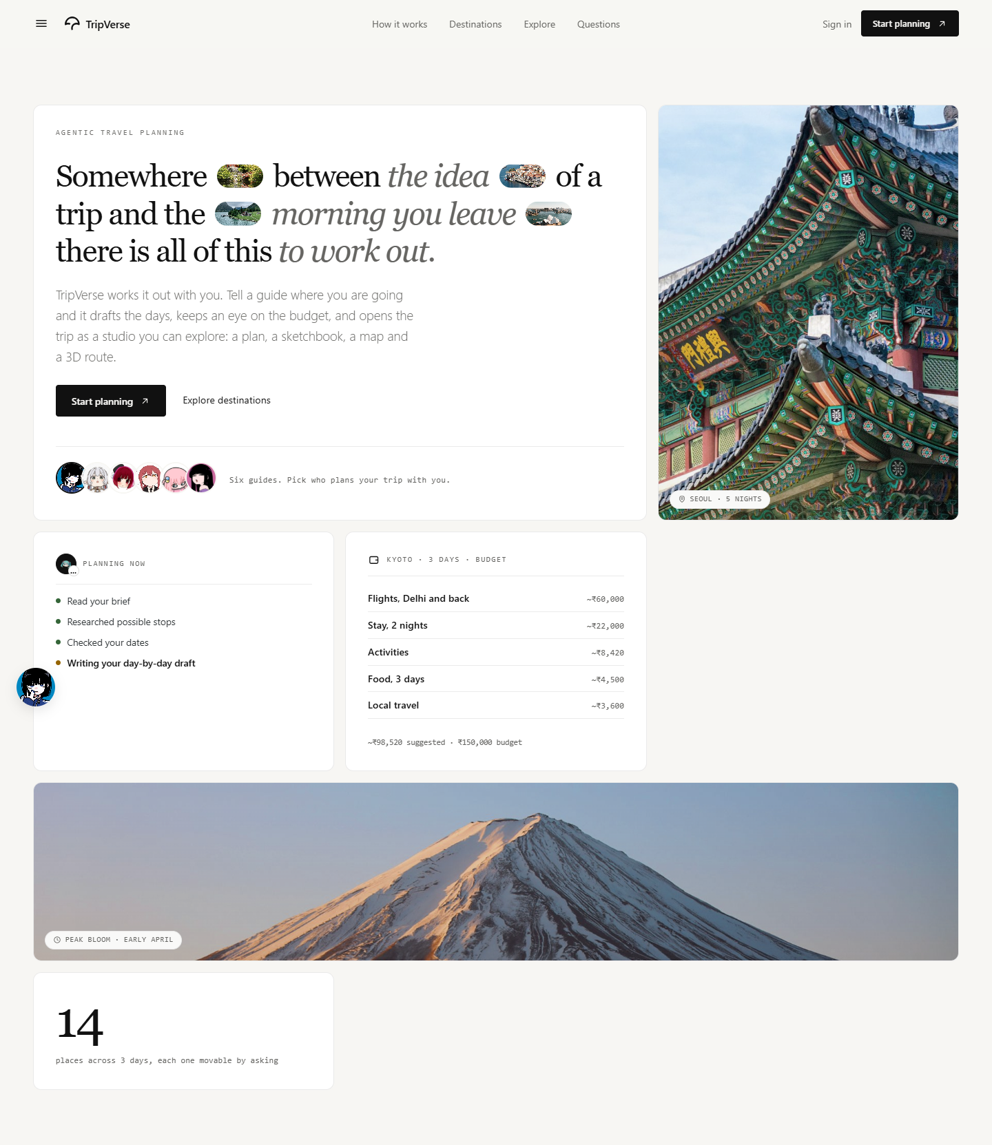 Current TripVerse homepage with inline photograph typography, Seoul photography, guide portraits, a planning preview, and a budget example