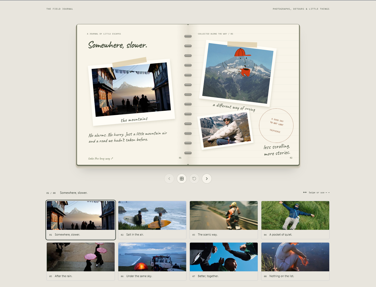 The journal chapter gallery expanded beneath the notebook, showing all eight photographic chapters