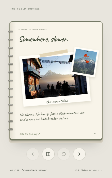 The field journal on a phone, with a large photograph, handwriting, and chapter controls