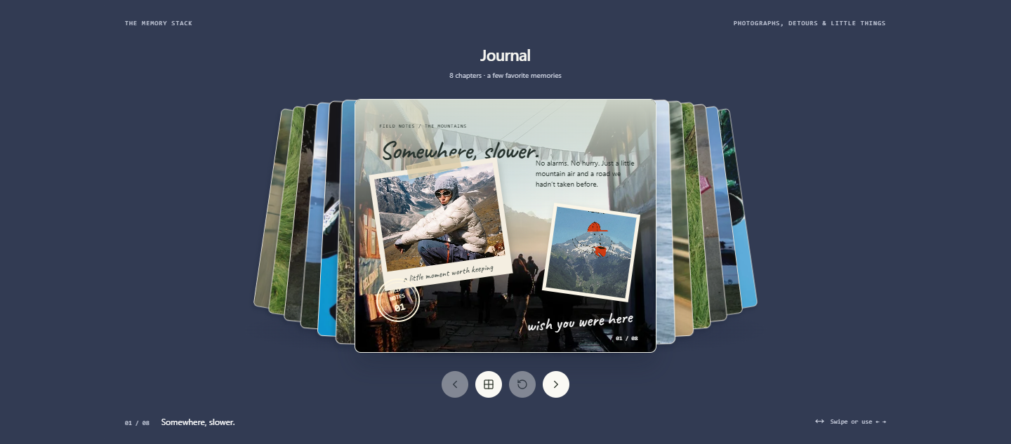 The memory stack journal, with receding photographic pages and a central travel collage on a blue background
