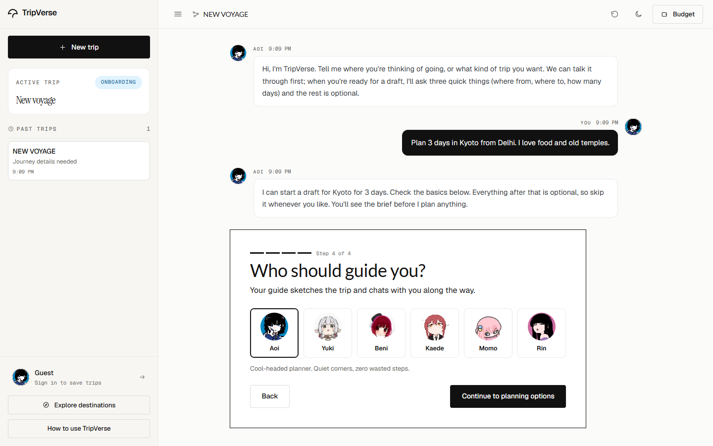 The six illustrated travel guides in the guide picker