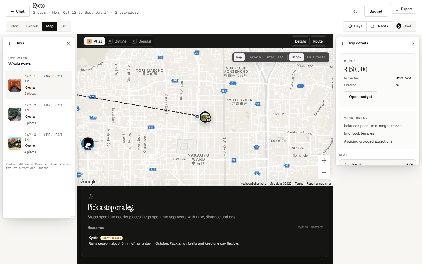 Trip Studio map with numbered itinerary stops