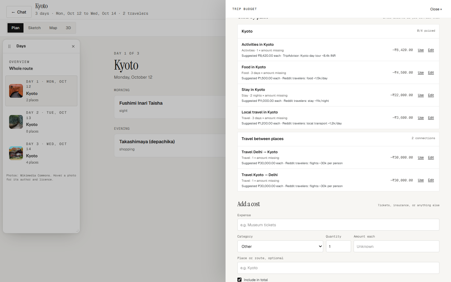 The itemized trip budget ledger