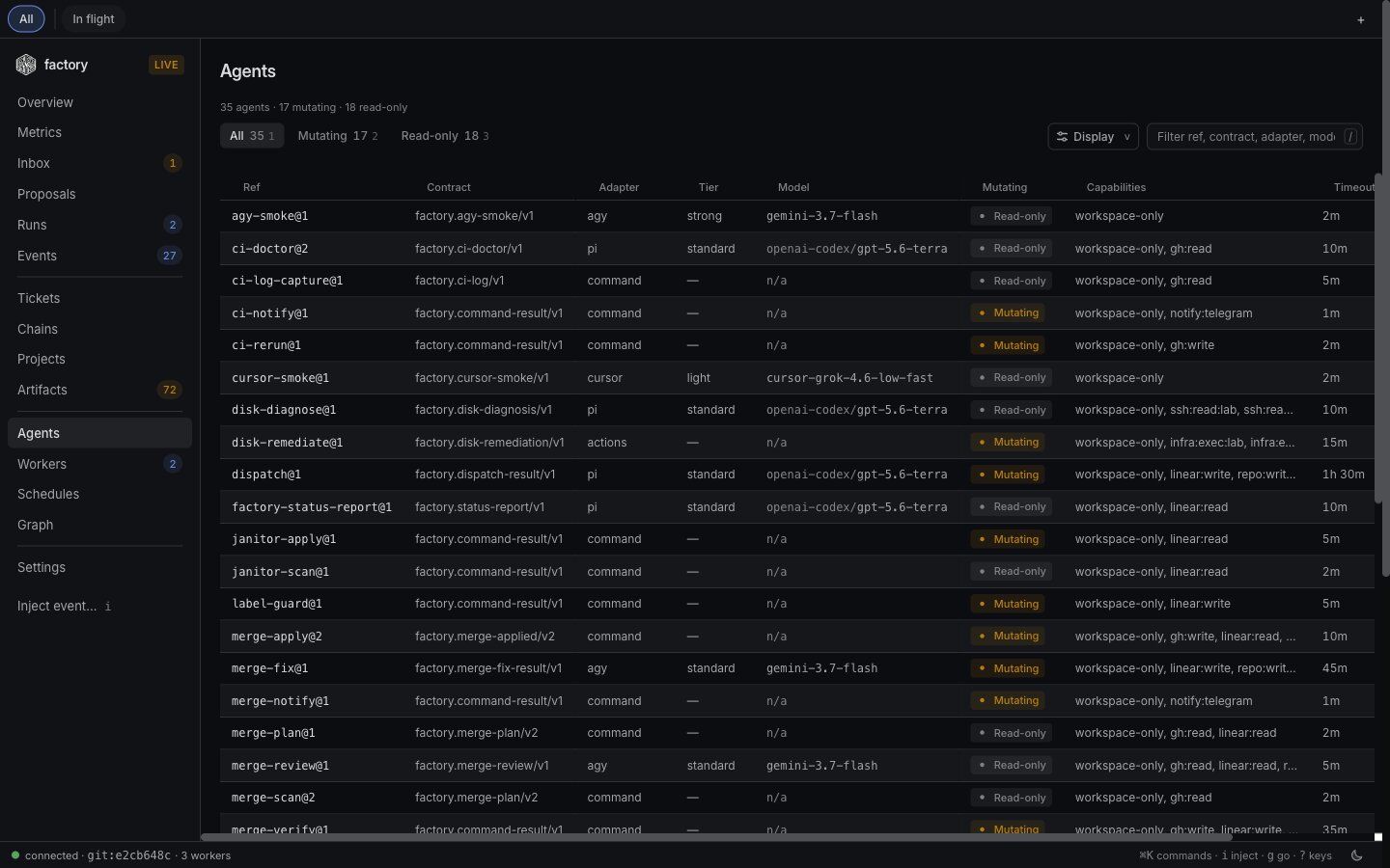 Agents — roster, adapters, and capabilities