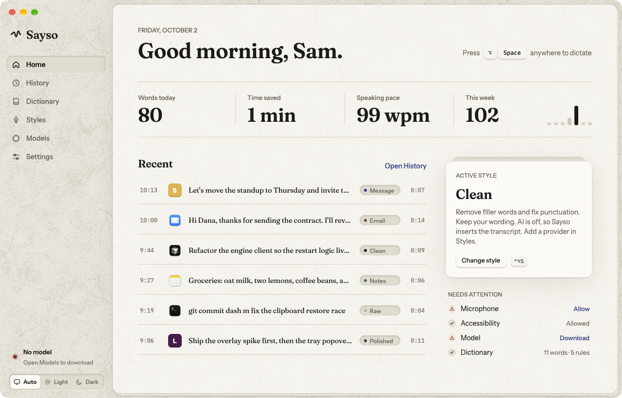 The Sayso Hub in the light theme