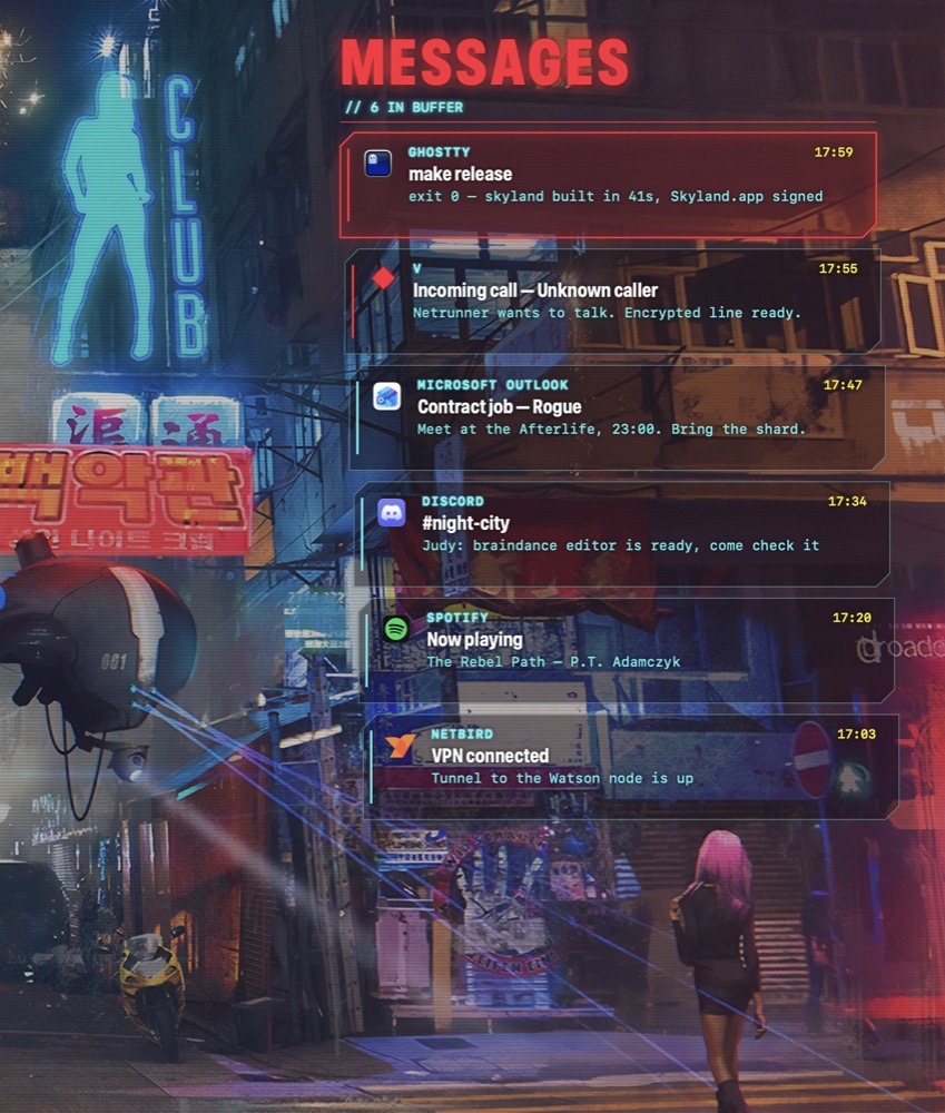 Cyberdeck messages panel: notifications shown as neon contact cards.
