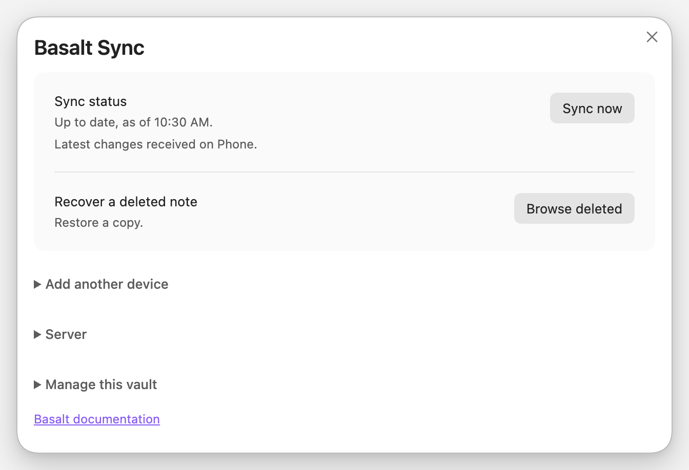 Basalt's simple sync panel.
