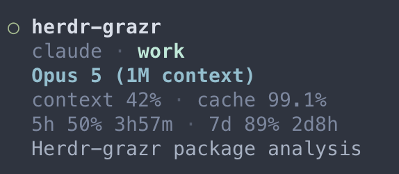 grazr's tag in the Herdr sidebar: this pane is on the account named work