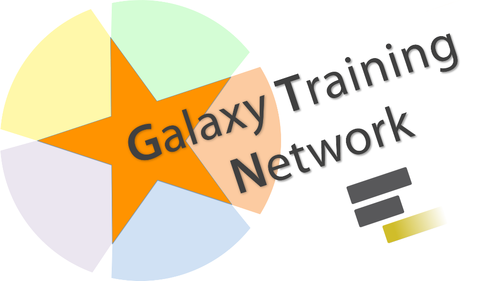 GTN logo, a star on a coloured circle with the text Galaxy Training Network at an upward angle.
