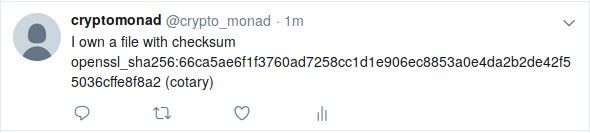I own a file with checksum openssl_sha256:66ca5ae6f1f3760ad7258cc1d1e906ec8853a0e4da2b2de42f55036cffe8f8a2 (cotary)