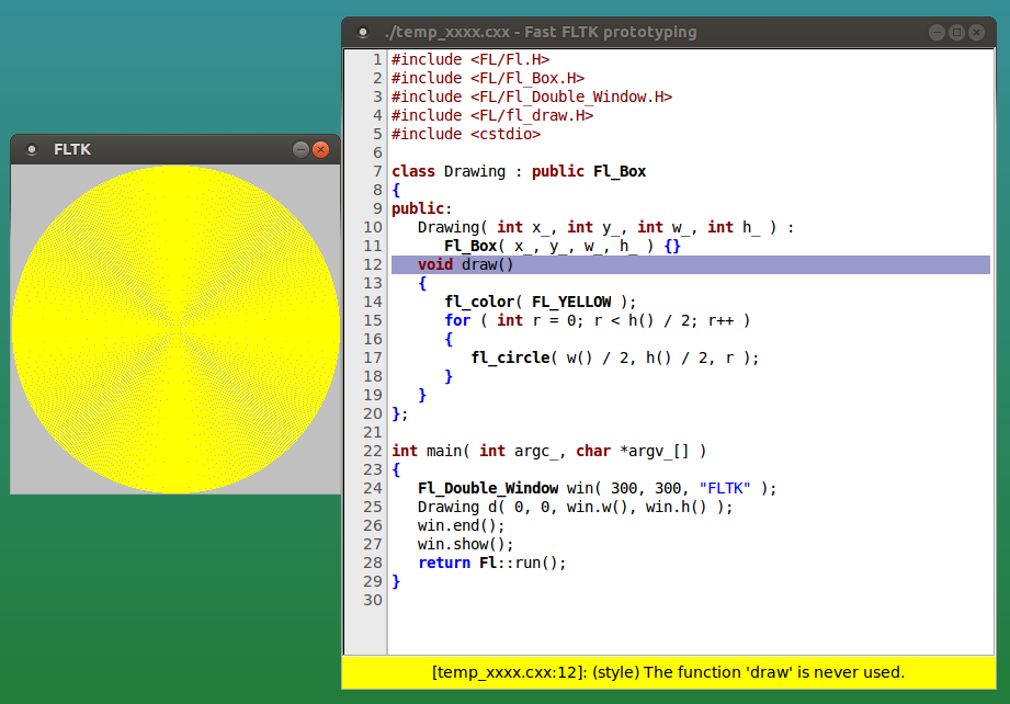 Screenshot of fast FLTK prototyping demo showing warning