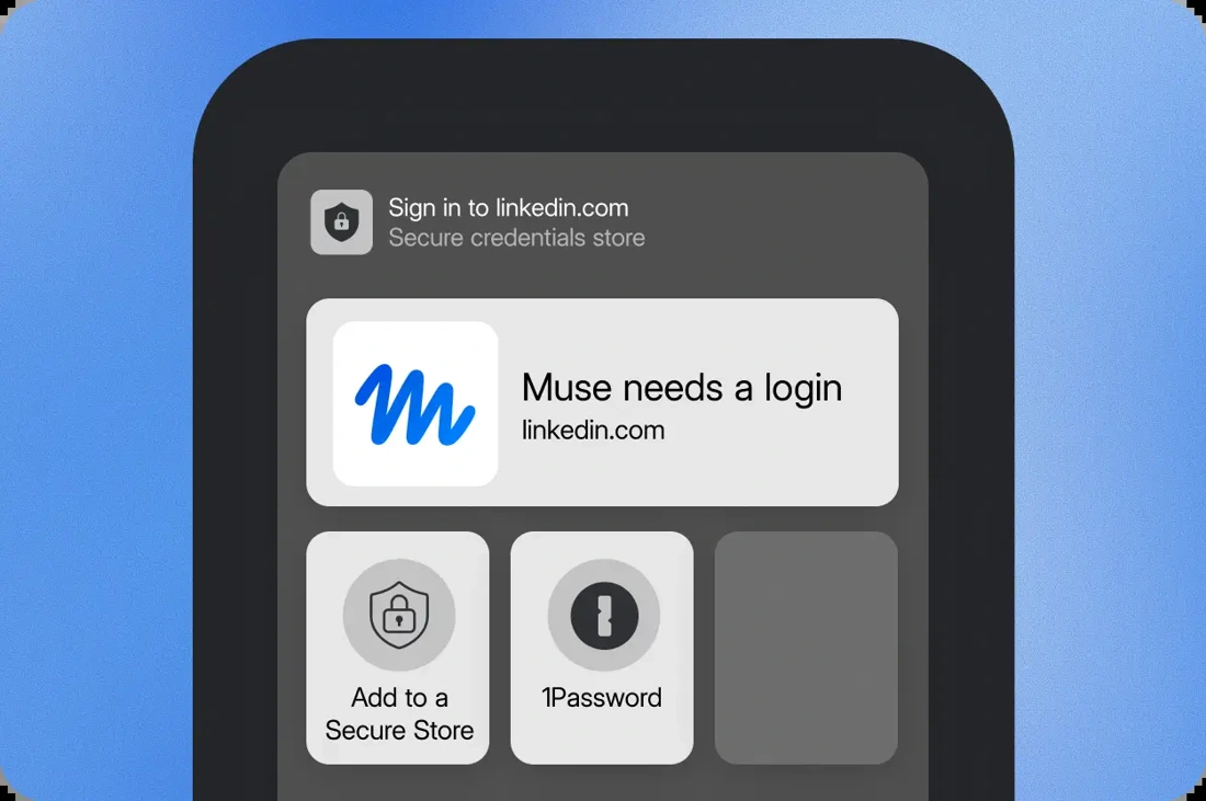 Official 1Password illustration of Muse requesting a LinkedIn login
