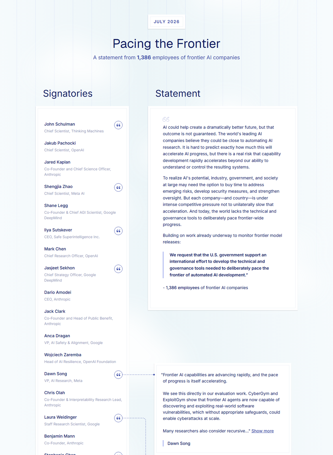 Screenshot of the Pacing the Frontier letter, showing the headline and the list of 1,386 signatories