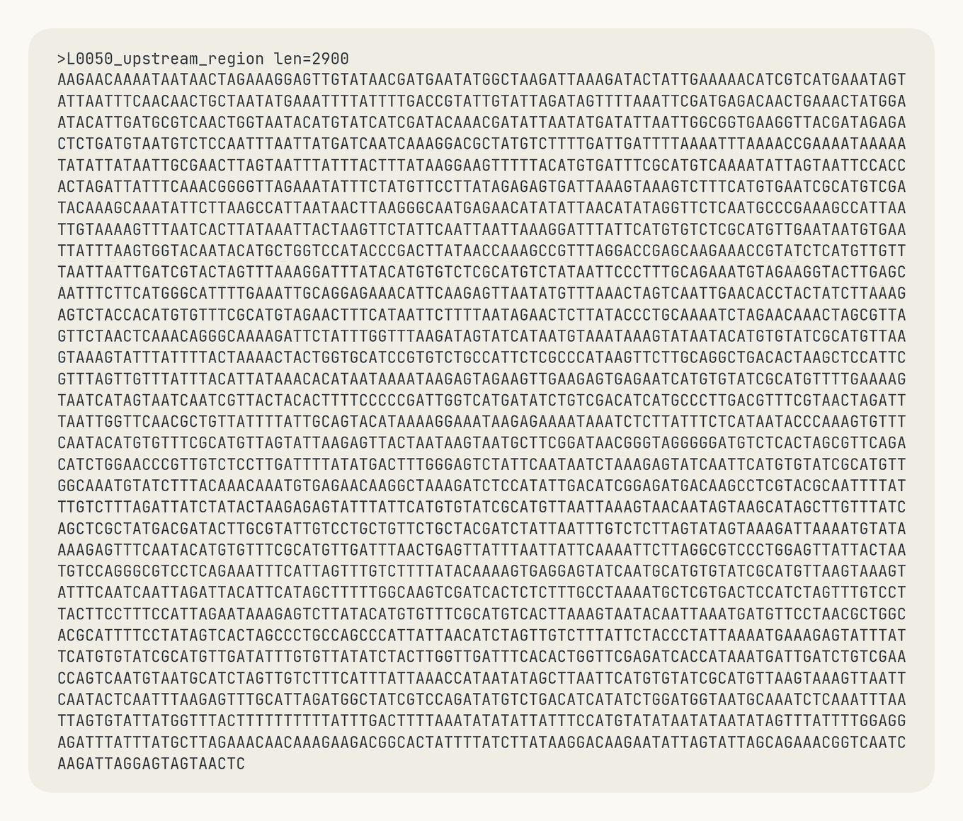 Animated graphic of the raw DNA sequence the agent was reading, a FASTA-style block of 2,900 nucleotides labeled L0050 upstream region
