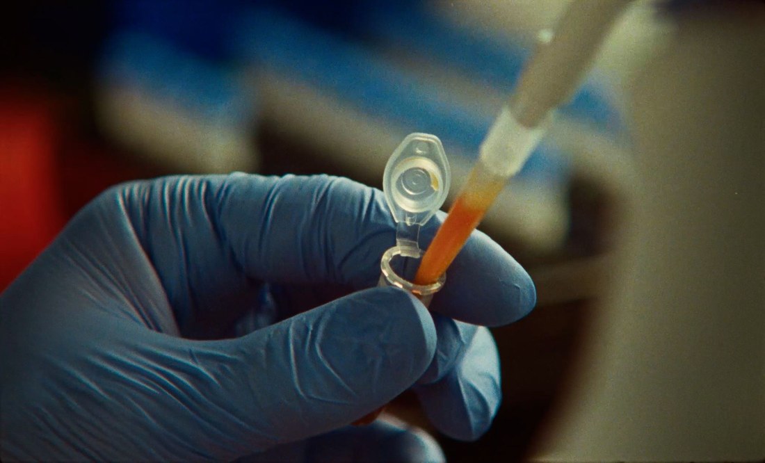 A gloved hand in a molecular biology lab holding a small tube of orange liquid