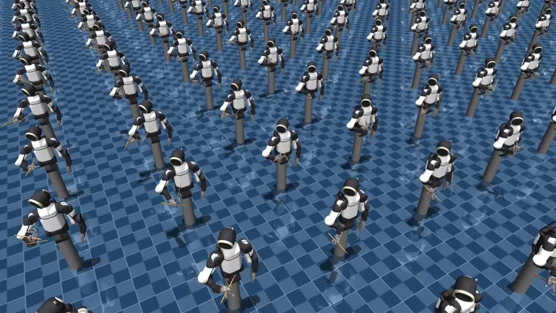 Many simulated Atlas robots practicing object manipulation in parallel