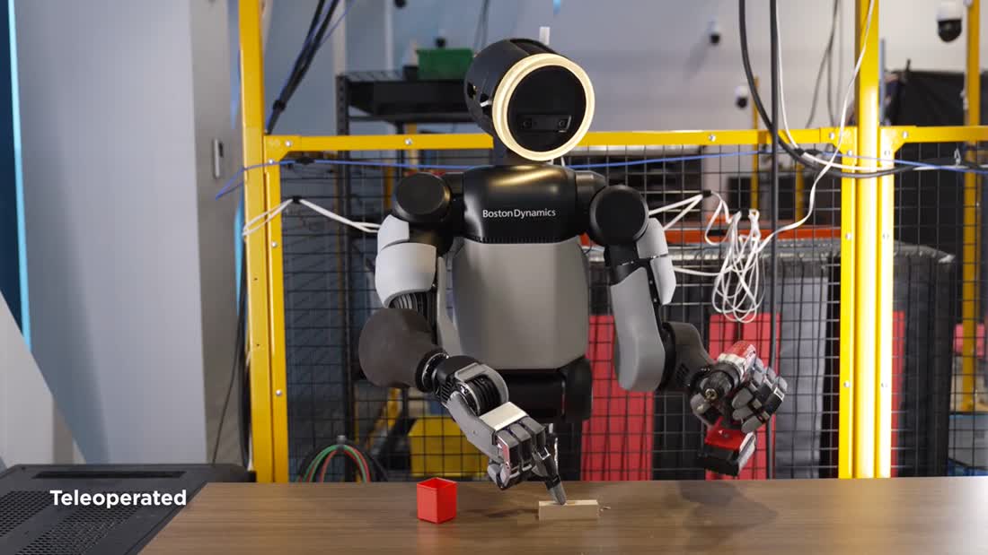 Official Atlas video frame labeled Teleoperated during a drill task