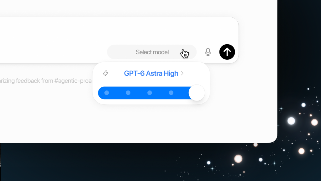 ChatGPT user interface showing the GPT-6 Astra High model selected with an effort slider set high