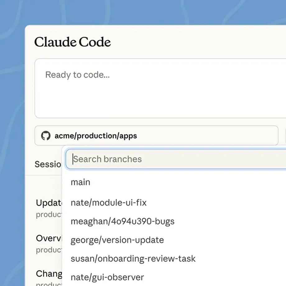 Claude Code on the web showing a repository and branch picker
