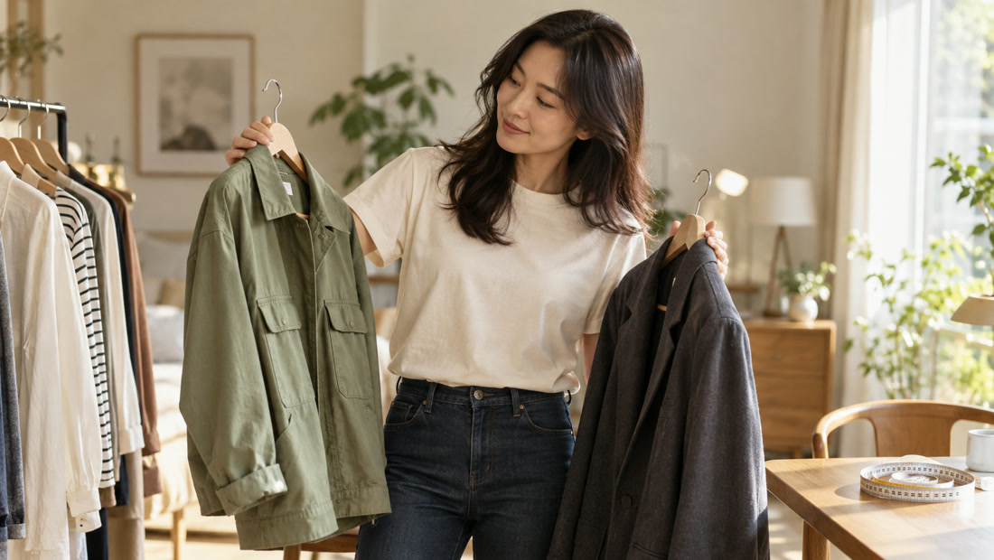 AI-generated editorial illustration of a woman comparing a sage jacket and a charcoal jacket at home