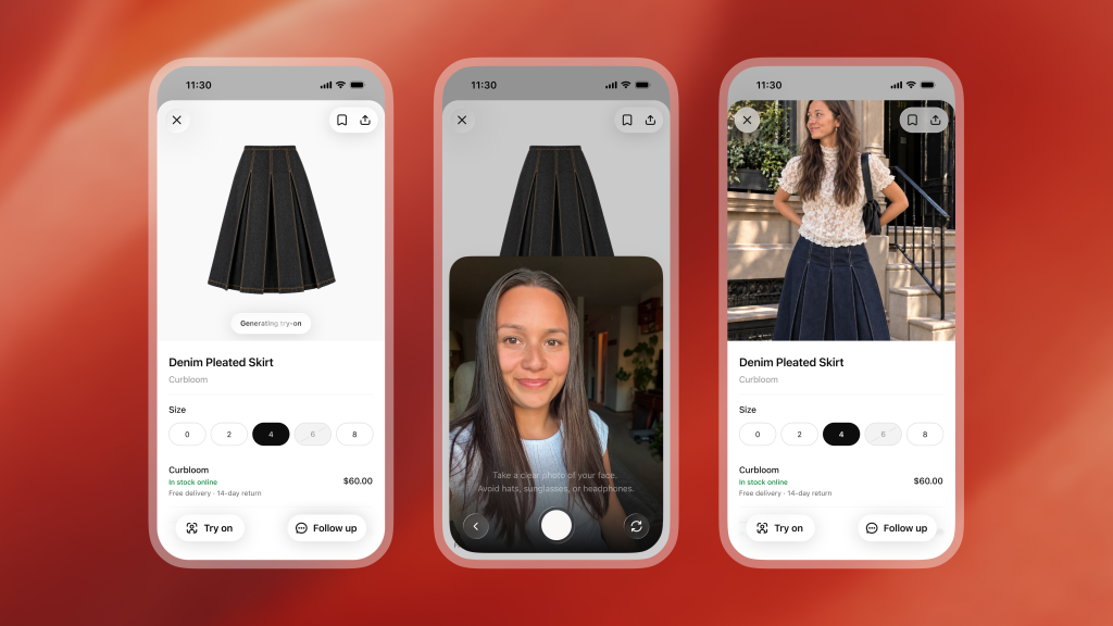 OpenAI launch image showing a denim skirt listing, a selfie capture and a generated outfit preview