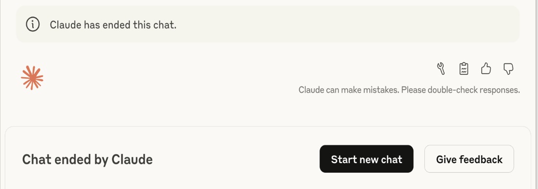 Cropped official Claude interface showing an ended chat and options to start a new chat or give feedback