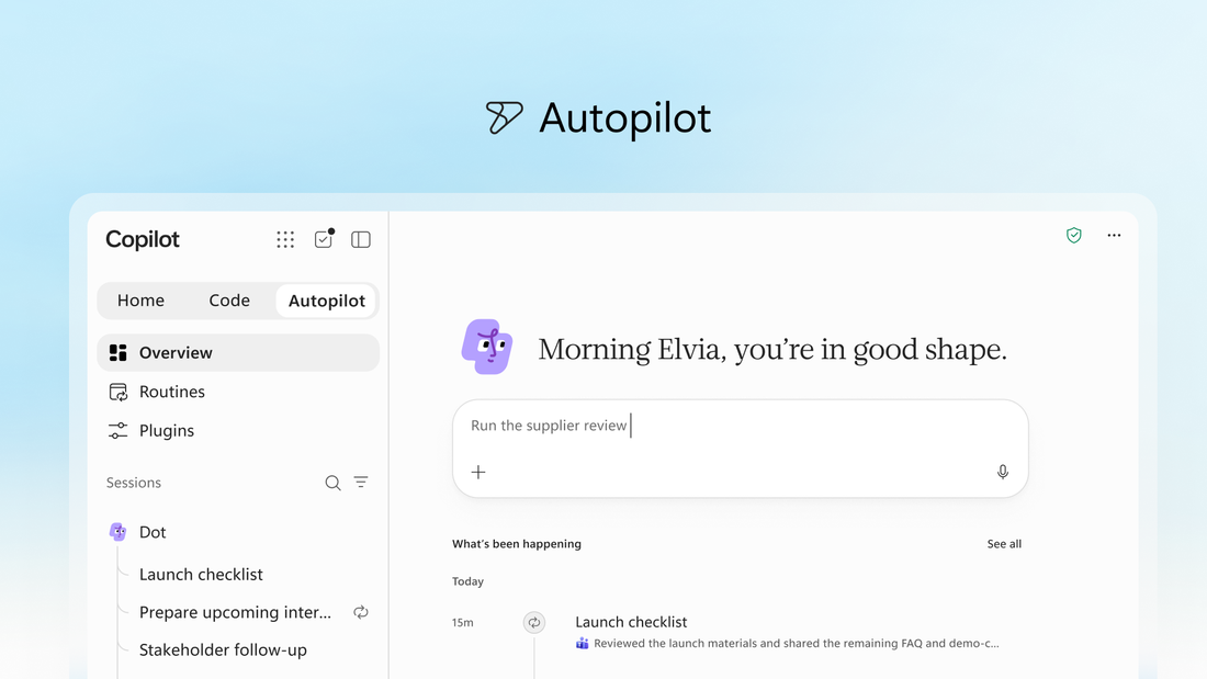 Copilot Autopilot tab showing an agent named Dot running a launch checklist, with Routines and Plugins in the sidebar