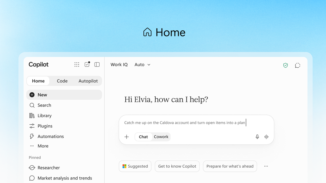 Copilot Home screen with the Chat and Cowork toggle under the prompt box, plus Automation and Plugins in the sidebar