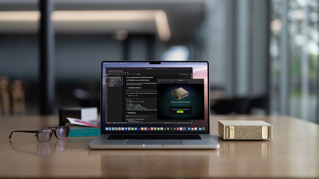 NVIDIA photo showing an existing gold DGX Spark beside a laptop on a desk