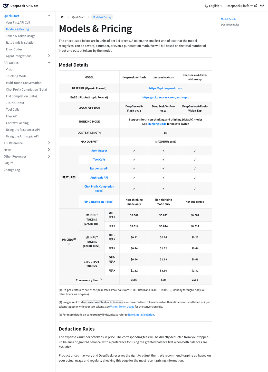 DeepSeek API docs Models and Pricing page showing Flash and Pro tiers