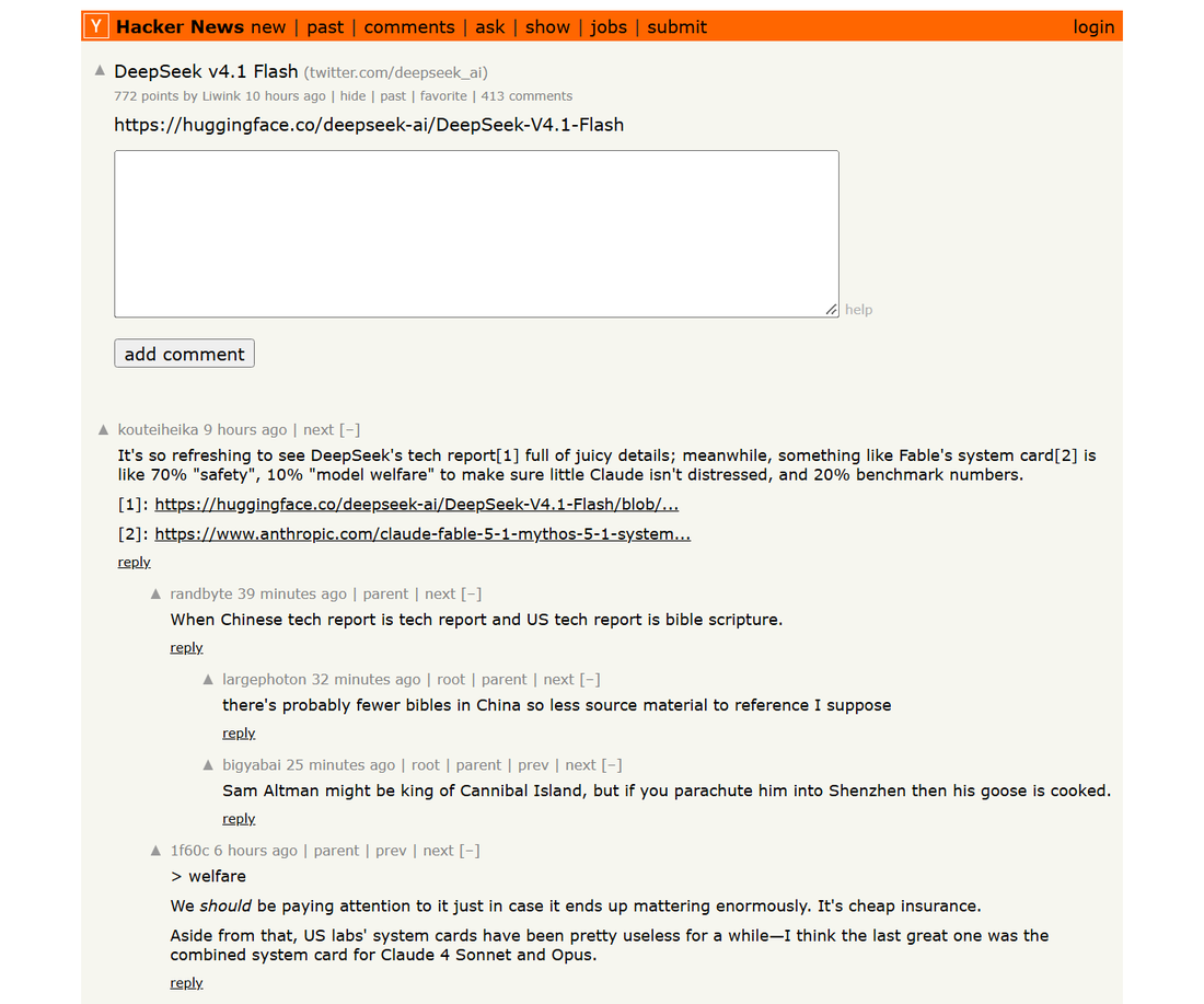 Hacker News discussion of DeepSeek V4.1 Flash