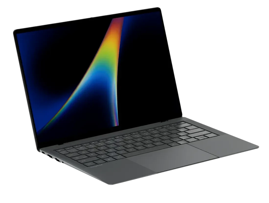 Three-quarter view of the ASUS Googlebook 14 showing its keyboard and screen
