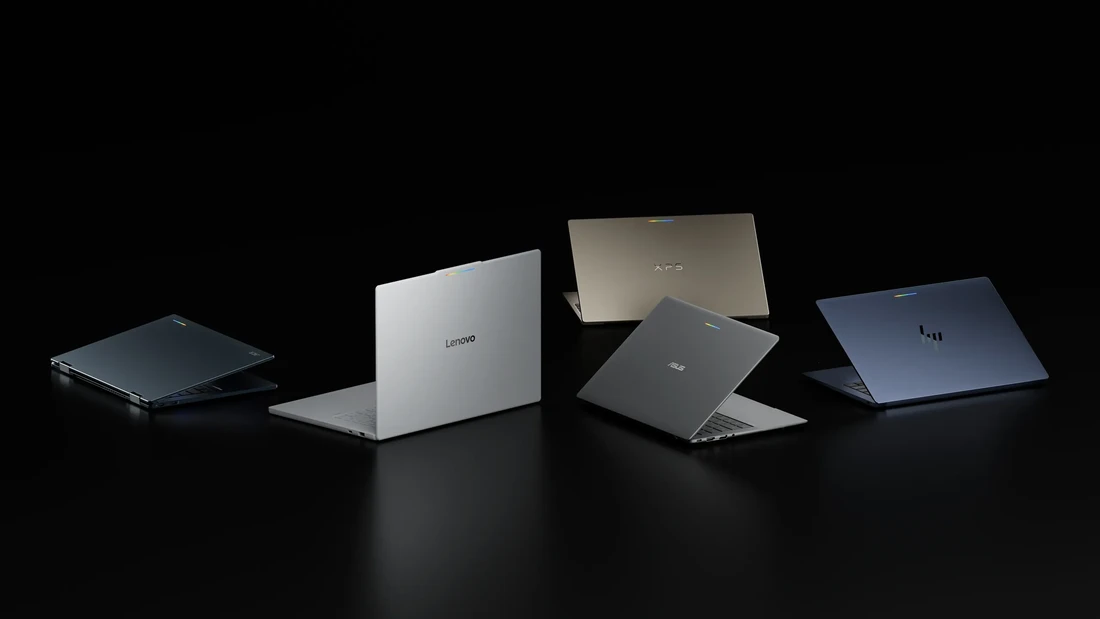 The five Googlebook laptops shown together in Google’s official lineup photo
