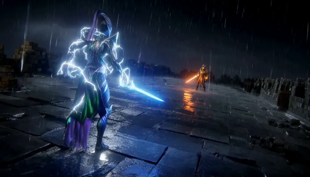 An H3-generated frame: a rain-soaked duel between a lightning mage and a fire fighter