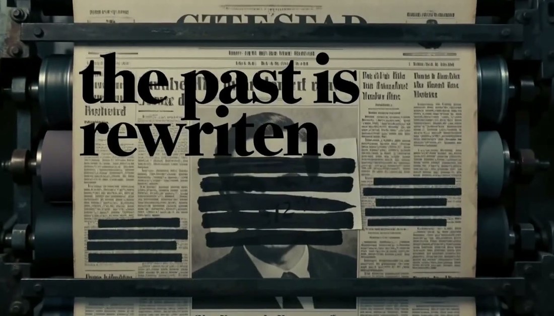 H3 Max hero poster — a print press with the headline 'the past is rewritten'
