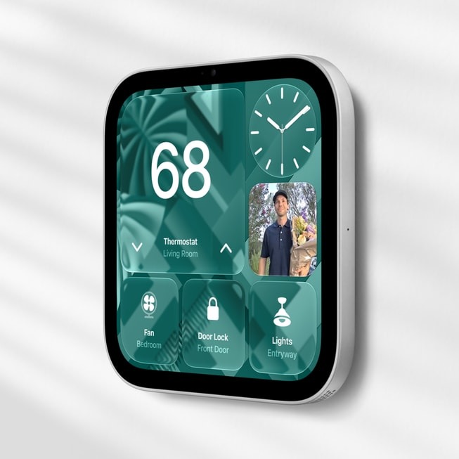 Wall-mounted Apple HomeView showing home controls