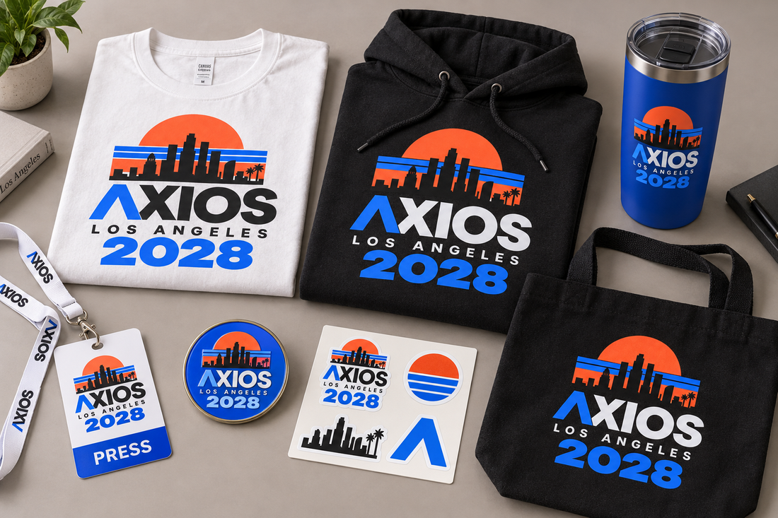 AI-generated merchandise mockup with logo applied to shirts tumbler tote and stickers