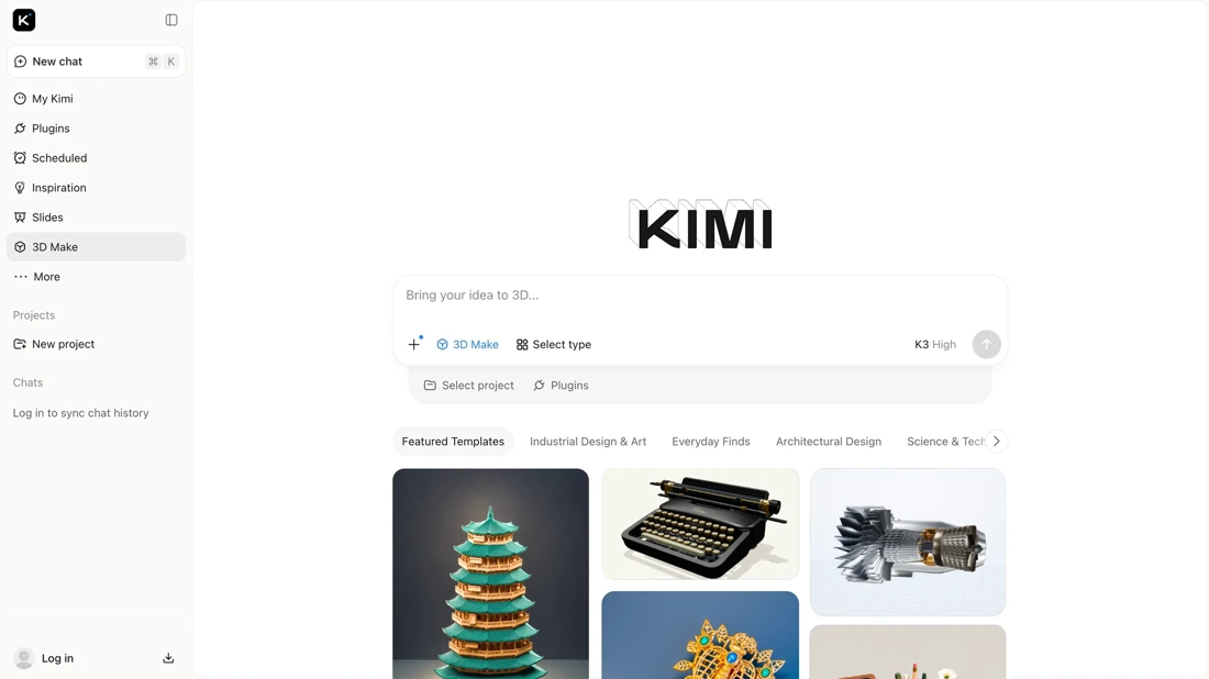 Official English Kimi 3D Make interface with featured models