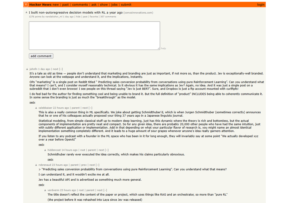 Hacker News thread on the Laya launch showing 1276 points and 307 comments