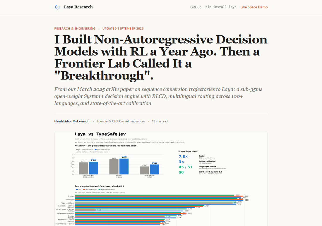 Laya research page headline about building non-autoregressive decision models a year ago