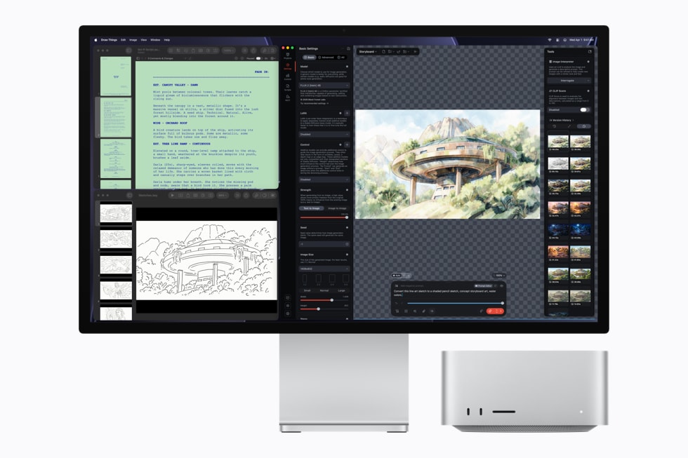 A treehouse illustration being edited in the Draw Things image-generation app on Mac Studio