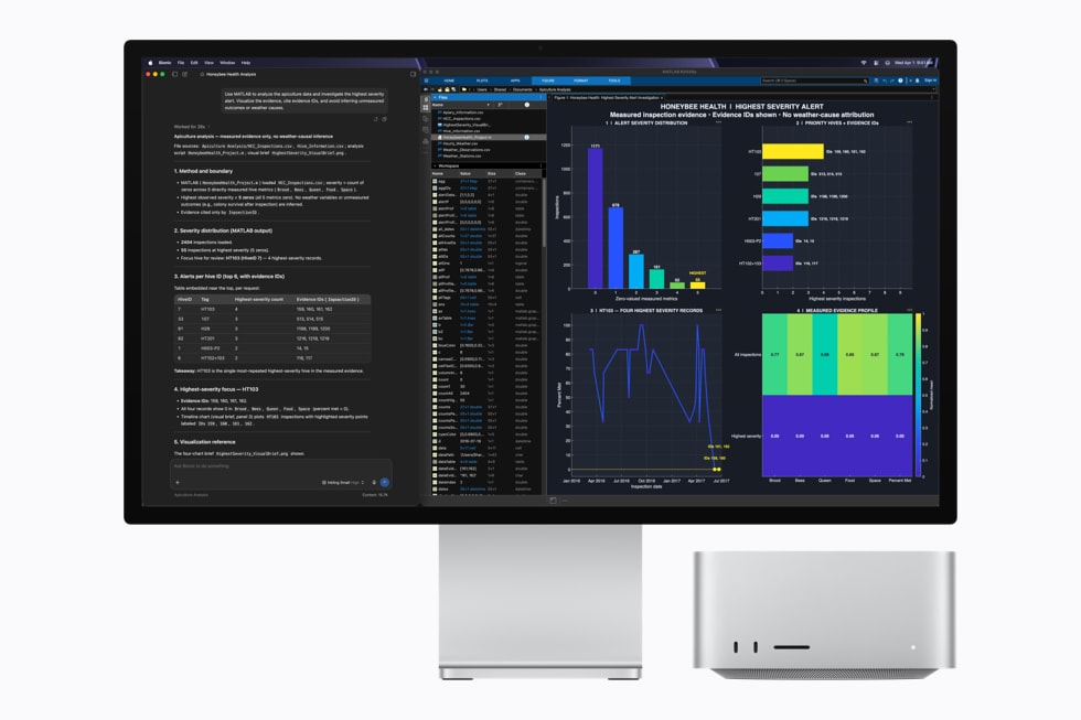 LM Studio Bionic running on a Mac Studio with Studio Display showing data visualizations