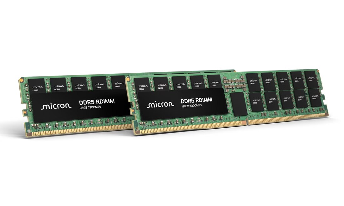 Micron DDR5 RDIMM family product photo showing 128GB and 96GB modules