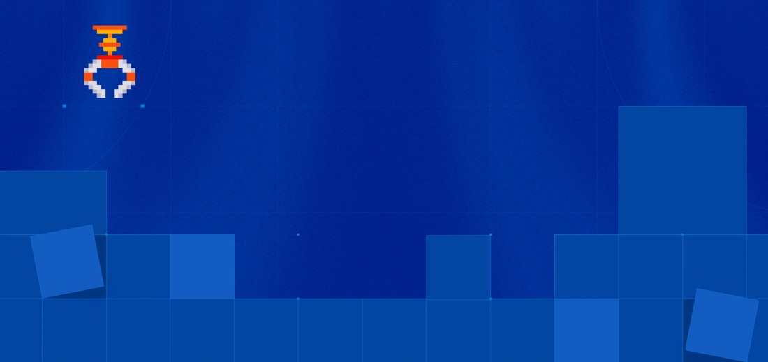 Wordless blue Mistral artwork showing a pixelated claw above geometric blocks