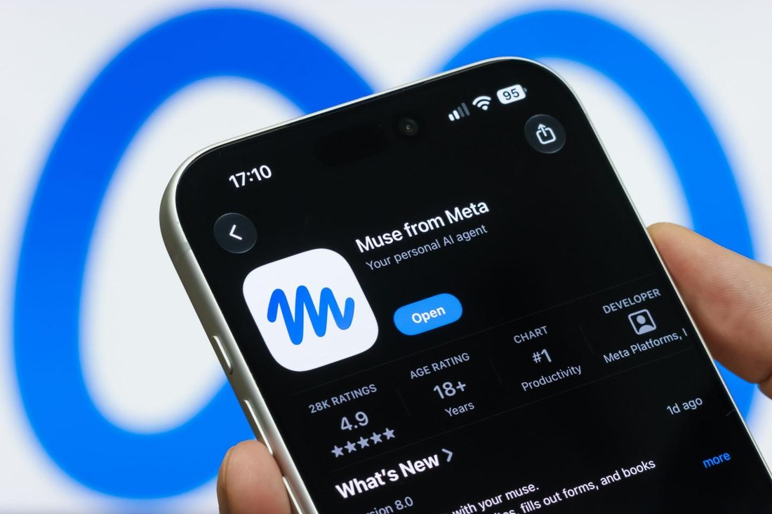Photo of a phone showing the Muse app store listing with a 4.9 rating