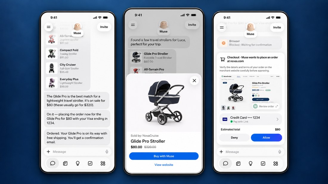 Three Muse app screens showing a stroller purchase being arranged