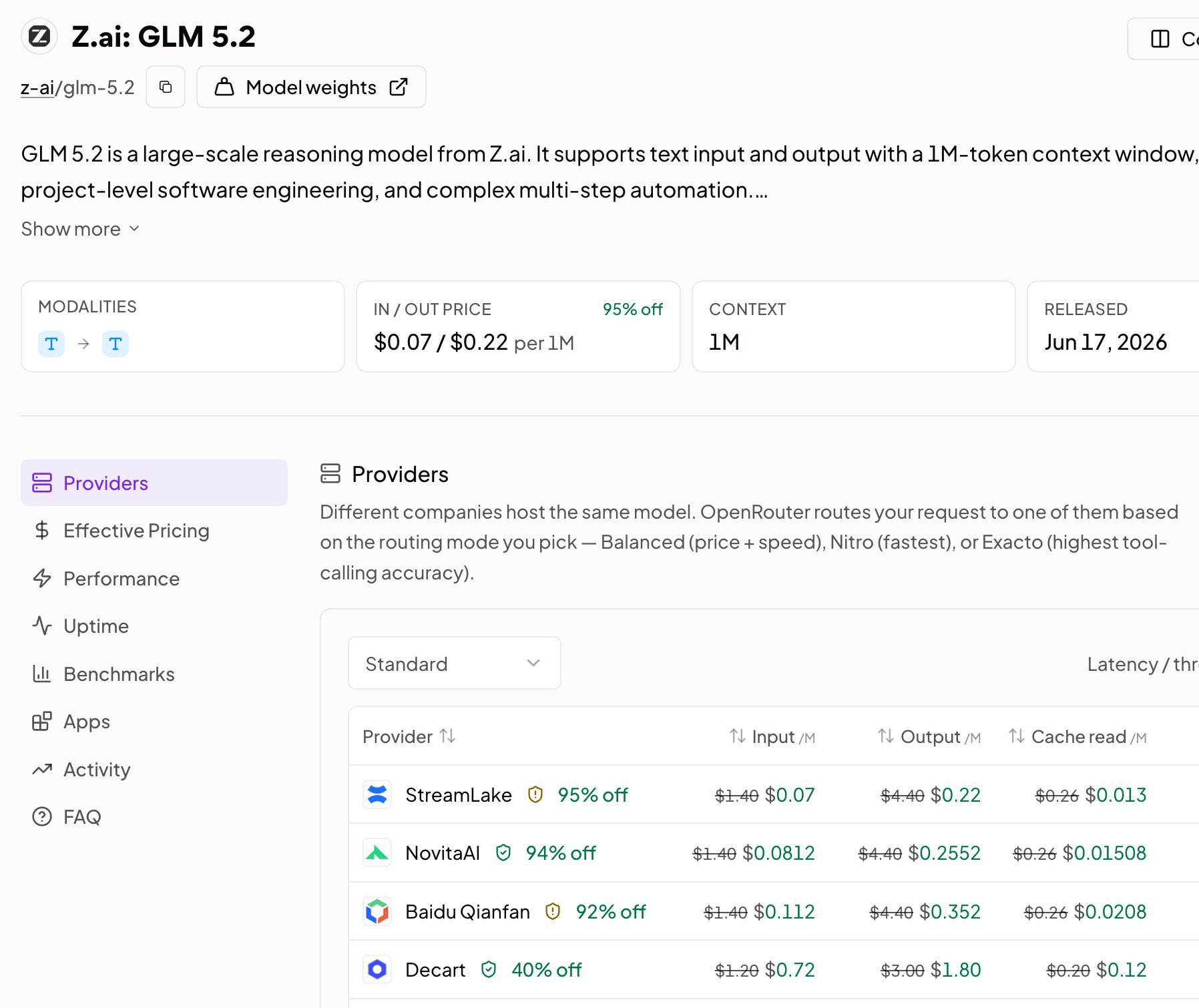OpenRouter provider table showing 95% off for StreamLake
