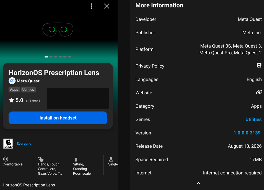 HorizonOS Prescription Lens store listing screenshot showing August 13 2026 release date and 17MB size