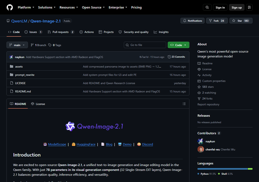GitHub repository page for QwenLM/Qwen-Image-2.1 showing day-zero support from Diffusers, ComfyUI, vLLM, SGLang and LightX2V