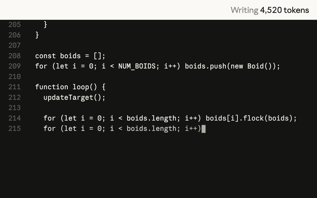 A screenshot from Anthropic's launch page showing the previous model, Sonnet 5, mid-write on a starling murmuration program